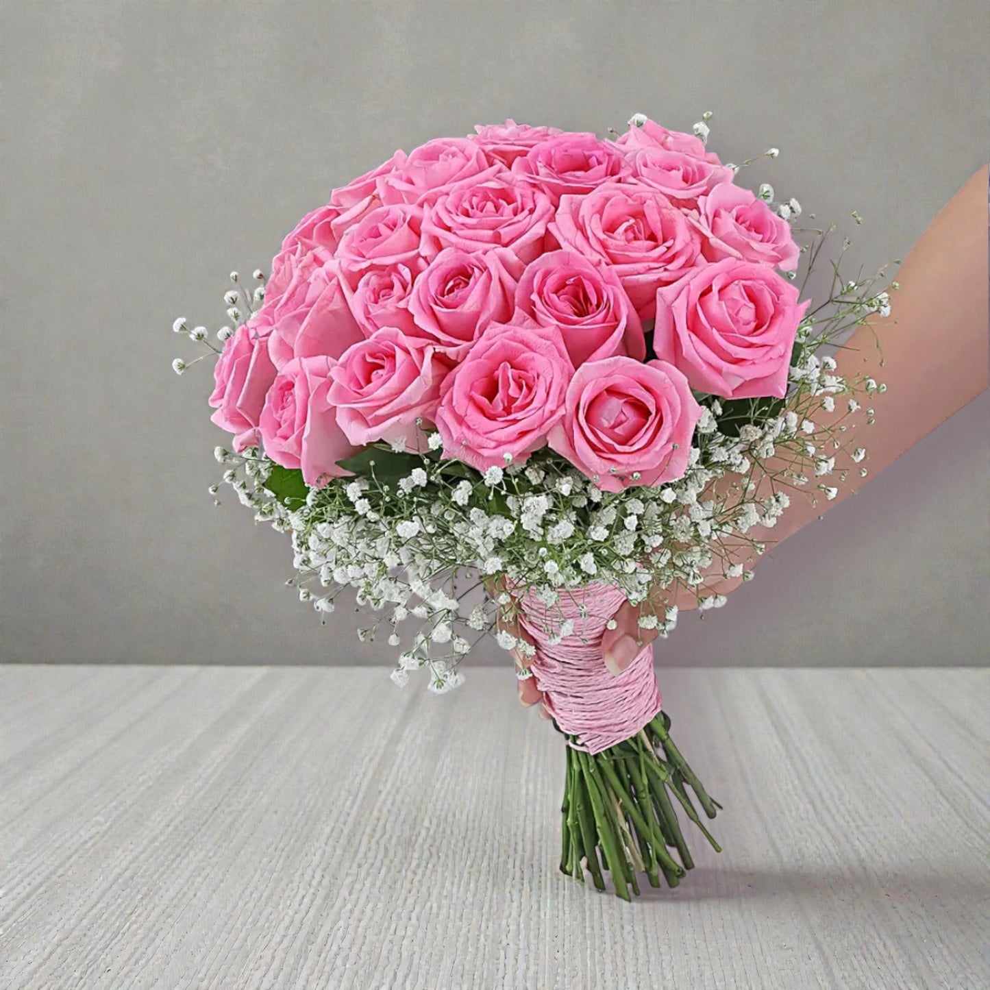 "Blushing Romance" Pink Rose & Baby's Breath Bouquet
